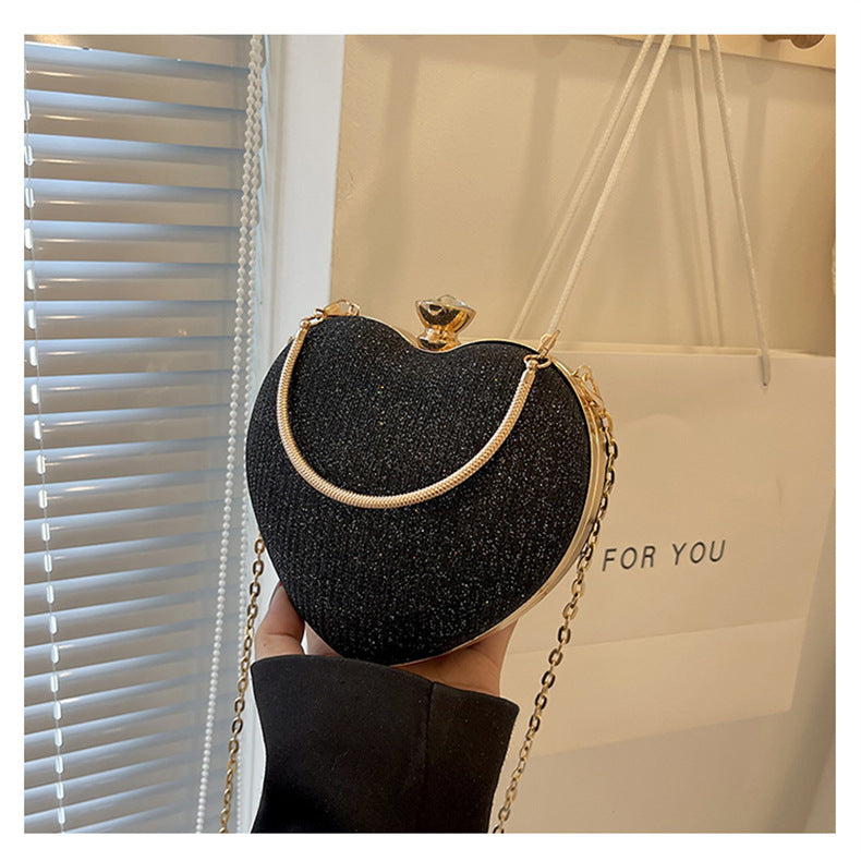 Ladies Fashion Shining Chain Crossbody Bag, Elegant Shoulder Heart Shaped, Metal Embellished, Black, with Buckle Closure, for Party, Wedding, Date